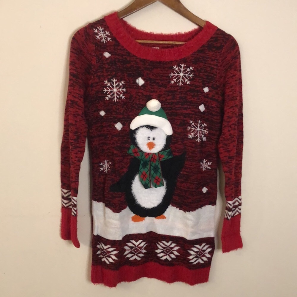No Boundaries Festive Penguin Christmas Sweater dress in Red White Black SZ Med